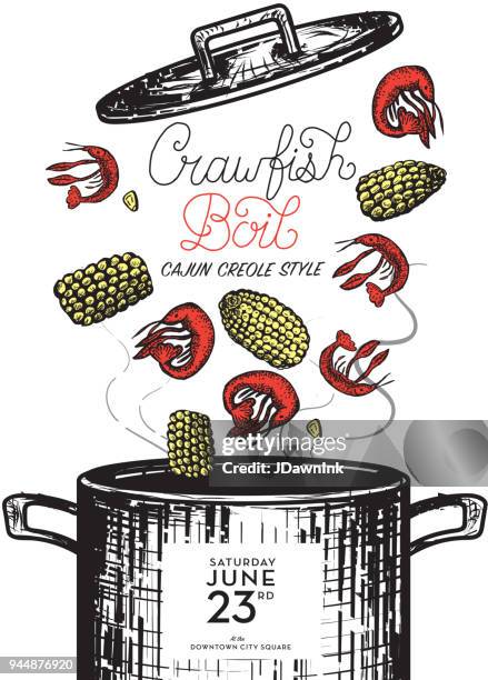 illustrazioni stock, clip art, cartoni animati e icone di tendenza di cajun creole crawfish boil invito modello di design - bollente