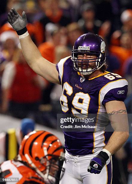 Jared Allen of the Minnesota Vikings looks on against the Cincinnati Bengals on December 13, 2009 at Hubert H. Humphrey Metrodome in Minneapolis,...