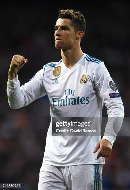 Cristiano Ronaldo of Real Madrid celebrates his side going through to the Semi-Finals of the UEFA Champions League after the UEFA Champions League...