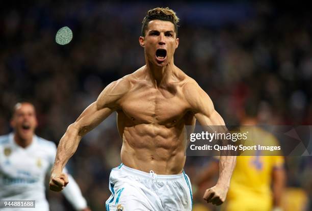 Cristiano Ronaldo of Real Madrid celebrates after scoring his sides first goal during the UEFA Champions League Quarter Final Second Leg match...