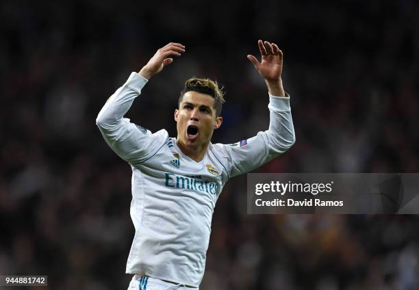 Cristiano Ronaldo of Real Madrid celebrates his side going through to the Semi-Finals of the UEFA Champions League after the UEFA Champions League...