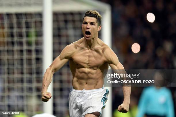 Real Madrid's Portuguese forward Cristiano Ronaldo celebrates after scoring a penalty during the UEFA Champions League quarter-final second leg...