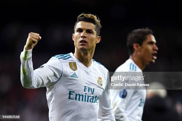 Cristiano Ronaldo of Real Madrid celebrates his side going through to the Semi-Finals of the UEFA Champions League after the UEFA Champions League...