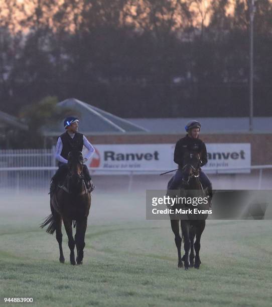 Hugh Bowman on Winx and James McDonald on Unfogotten return from a trackwork session at Rosehill Gardens on April 12, 2018 in Sydney, Australia.