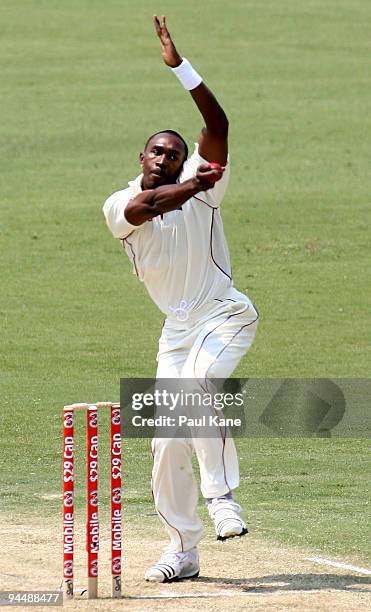 Dwayne Bravo of the West Indies bowls during day one of the Third Test match between Australian and the West Indies at WACA on December 16, 2009 in...