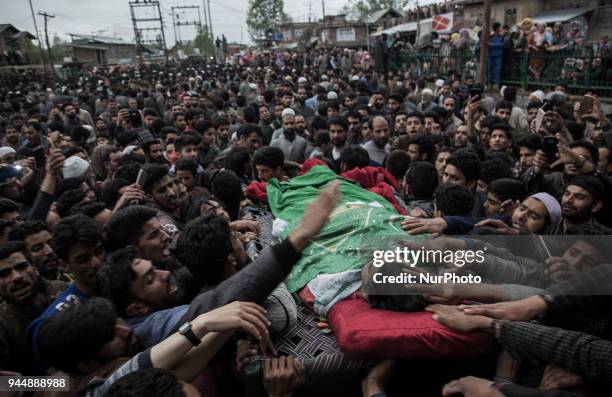 Kashmiri civilians offer funeral prayers to Sharjeel Sheikh, a civilian who was shot dead by Indian government forces during clashes near the...