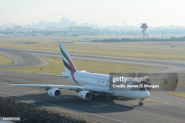 An Emirates airlines Airbus A380 taxiing and taking off at Sydney International Airport on August 30, 2013 in Sydney, Australia.