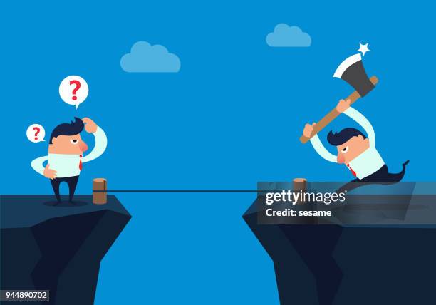 businessman destroys competitor's road - rope breaking stock illustrations