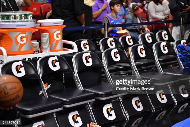 Detailed view of the Gatorade visitors bench before the game between the Miami Heat and the Oklahoma City Thunder at American Airlines Arena on April...