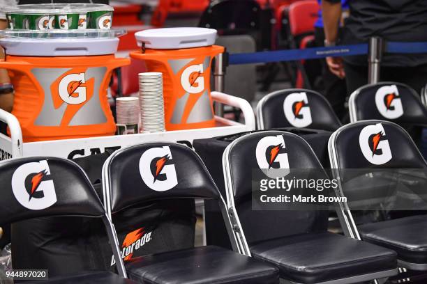 Detailed view of the Gatorade visitors bench before the game between the Miami Heat and the Oklahoma City Thunder at American Airlines Arena on April...