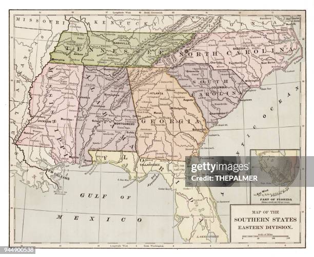 usa southern states map 1889 - georgia alabama stock illustrations