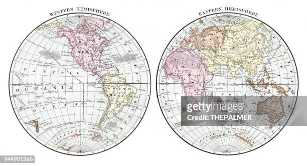 ilustrações de stock, clip art, desenhos animados e ícones de the world in hemispheres 1889 - mapa múndi