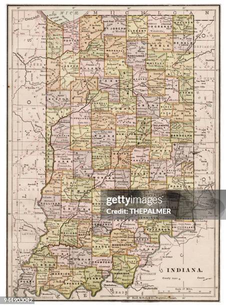 stockillustraties, clipart, cartoons en iconen met kaart van indiana 1889 - carmel indiana