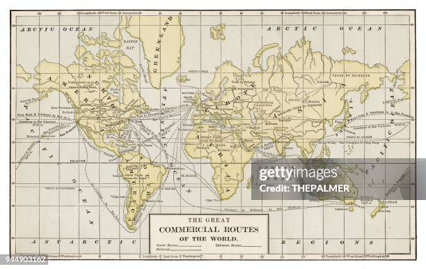 map of the commerce routes of the world 1889 - sea passage stock illustrations