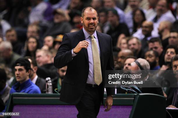 Head coach Frank Vogel of the Orlando Magic looks on in the second quarter against the Milwaukee Bucks at the Bradley Center on April 9, 2018 in...