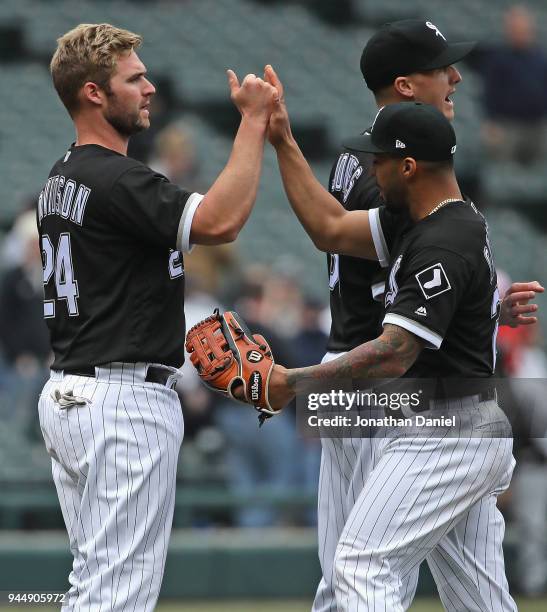 Matt Davidson of the Chicago White Sox is congratulated by Leury Garcia after a win against the Tampa Bay Rays at Guaranteed Rate Field on April 11,...