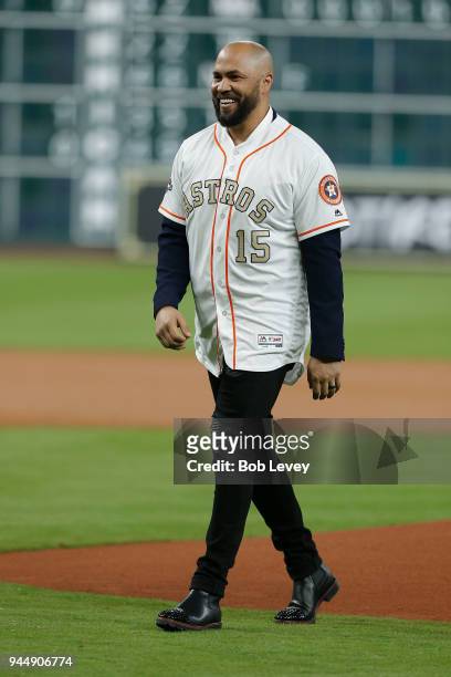 Carlos Beltran throws out the first pitch at Minute Maid Park on April 3, 2018 in Houston, Texas.