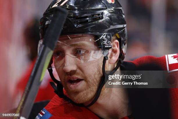 Dougie Hamilton of the Calgary Flames plays against the Edmonton Oilers during an NHL game on March 31, 2018 at the Scotiabank Saddledome in Calgary,...