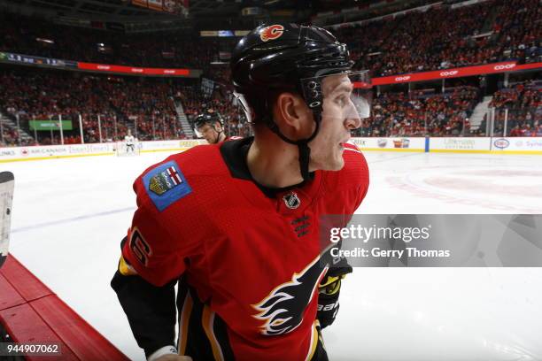 Michael Stone of the Calgary Flames plays against the Vegas Golden Knights during an NHL game on April 7, 2018 at the Scotiabank Saddledome in...