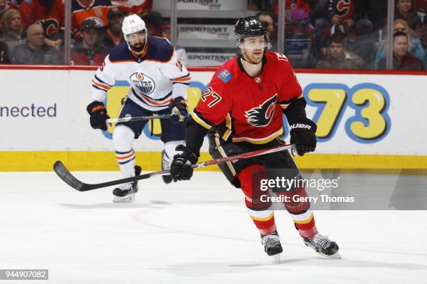 Dougie Hamilton of the Calgary Flames plays against the Edmonton Oilers during an NHL game on March 31, 2018 at the Scotiabank Saddledome in Calgary,...