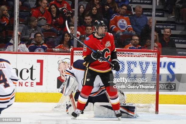 Troy Brouwer of the Calgary Flames plays against the Edmonton Oilers during an NHL game on March 31, 2018 at the Scotiabank Saddledome in Calgary,...