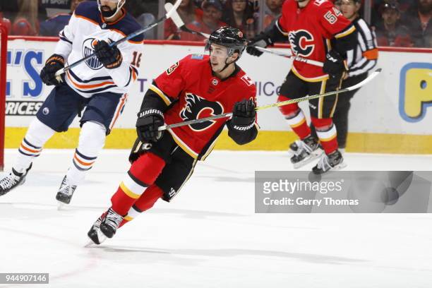 Johnny Gaudreau of the Calgary Flames plays against the Edmonton Oilers during an NHL game on March 31, 2018 at the Scotiabank Saddledome in Calgary,...
