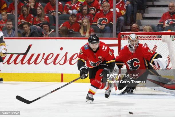 Mark Giordano of the Calgary Flames plays against the Vegas Golden Knights during an NHL game on April 7, 2018 at the Scotiabank Saddledome in...