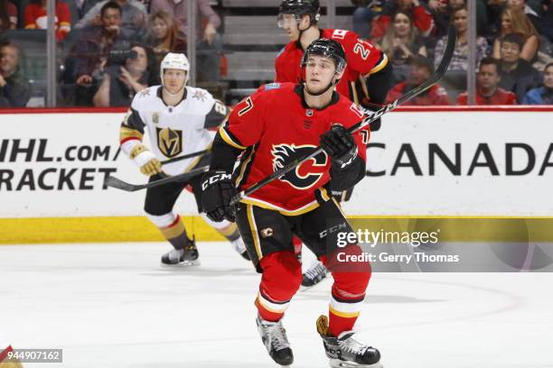 Mark Jankowski of the Calgary Flames plays against the Vegas Golden Knights during an NHL game on April 7, 2018 at the Scotiabank Saddledome in...