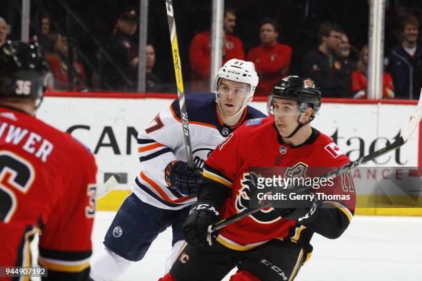 Johnny Gaudreau of the Calgary Flames plays against the Edmonton Oilers during an NHL game on March 31, 2018 at the Scotiabank Saddledome in Calgary,...