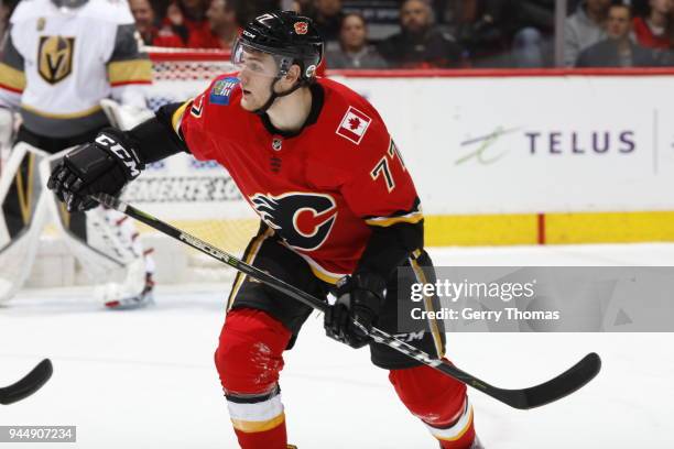 Mark Jankowski of the Calgary Flames plays against the Vegas Golden Knights during an NHL game on April 7, 2018 at the Scotiabank Saddledome in...