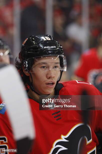 Spencer Foo of the Calgary Flames plays against the Vegas Golden Knights during an NHL game on April 7, 2018 at the Scotiabank Saddledome in Calgary,...