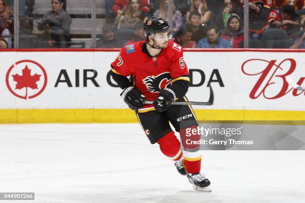Michael Frolik of the Calgary Flames plays against the Vegas Golden Knights during an NHL game on April 7, 2018 at the Scotiabank Saddledome in...