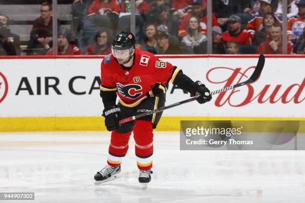 Mark Giordano of the Calgary Flames plays against the Edmonton Oilers during an NHL game on March 31, 2018 at the Scotiabank Saddledome in Calgary,...