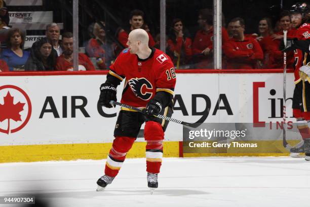 Matt Stajan of the Calgary Flames plays against the Vegas Golden Knights during an NHL game on April 7, 2018 at the Scotiabank Saddledome in Calgary,...