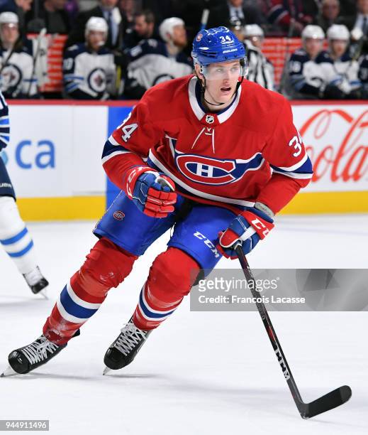 Michael McCarron of the Montreal Canadiens skates for position against the Winnipeg Jets in the NHL game at the Bell Centre on April 3, 2018 in...
