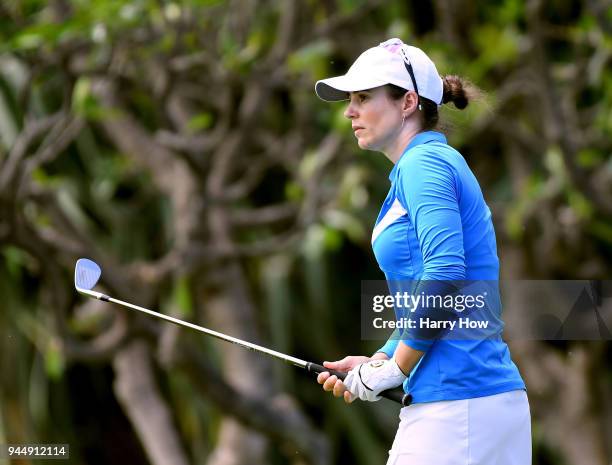 Beatriz Recari of Spain watches her chip out of the rough on the 10th hole during the first round of the LPGA LOTTE Championship at the Ko Olina Golf...