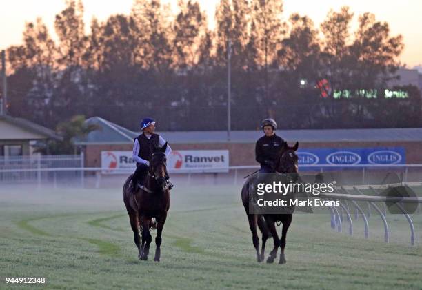 Hugh Bowman on Winx and James McDonald on Unfogotten return from a trackwork session at Rosehill Gardens on April 12, 2018 in Sydney, Australia.
