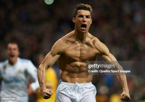 Cristiano Ronaldo of Real Madrid celebrates after scoring his sides first goal during the UEFA Champions League Quarter Final Second Leg match...