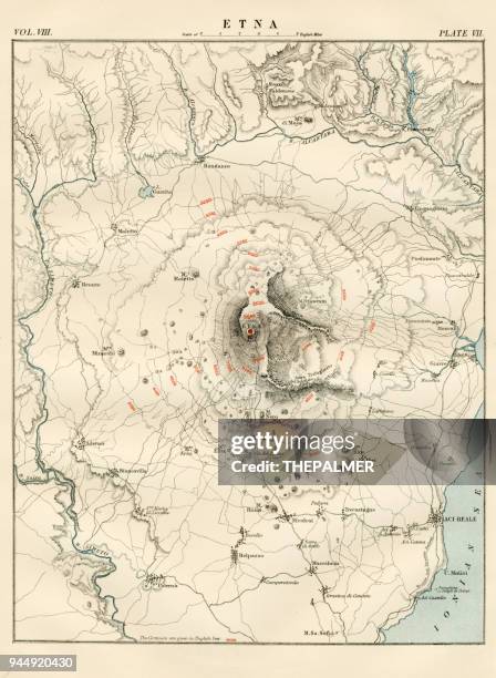 illustrazioni stock, clip art, cartoni animati e icone di tendenza di mappa dell'etna 1881 - etna