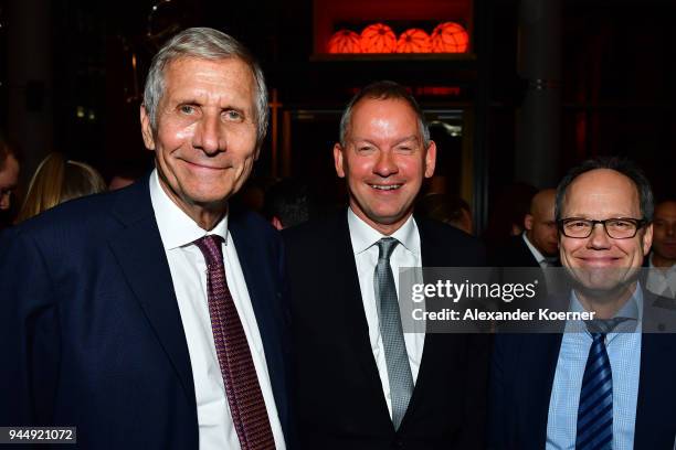 Ulrich Wickert, Lutz Marmor and Kai Gniffke attend the Nannen Award 2018 party at 25hours Hotel on April 11, 2018 in Hamburg, Germany.