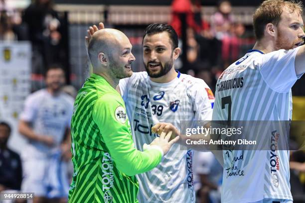 Vincent Gerard and Mohamed Soussi of Montpellier looks happy during the Lidl StarLigue match between Tremblay and Montpellier on April 11, 2018 in...