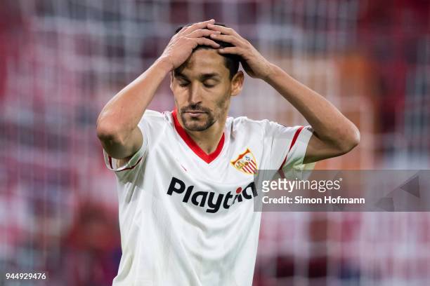 Jesus Navas of Sevilla reacts during the UEFA Champions League Quarter Final second leg match between Bayern Muenchen and Sevilla FC at Allianz Arena...