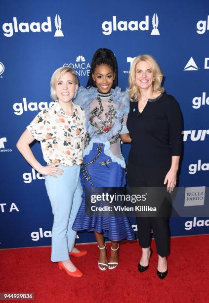 Nafessa Williams , Hannah Hart and President and CEO of GLAAD Sarah Kate Ellis attend Rising Stars at the GLAAD Media Awards Los Angeles at The...