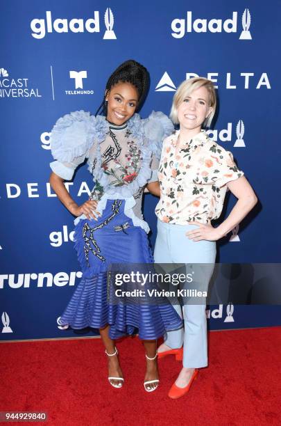 Nafessa Williams and Hannah Hart attend Rising Stars at the GLAAD Media Awards Los Angeles at The Beverly Hilton Hotel on April 11, 2018 in Beverly...