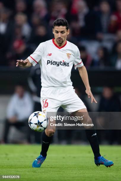 Jesus Navas of Sevilla controls the ball during the UEFA Champions League Quarter Final second leg match between Bayern Muenchen and Sevilla FC at...