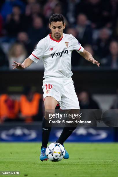 Jesus Navas of Sevilla controls the ball during the UEFA Champions League Quarter Final second leg match between Bayern Muenchen and Sevilla FC at...