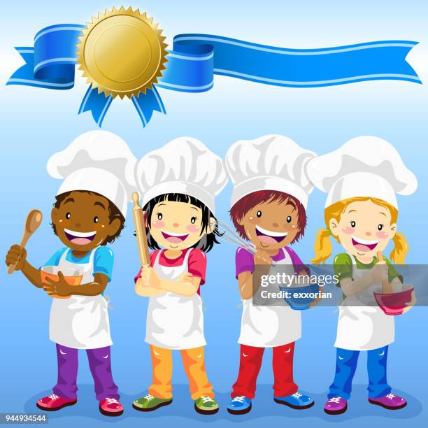 multi-ethnic junior chef with award - junior achievement stock illustrations