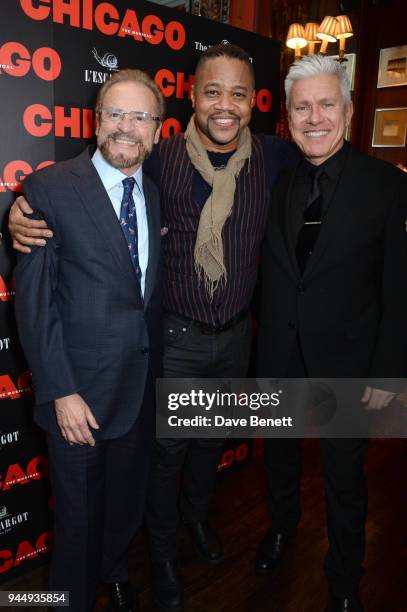 Barry Weissler, Cuba Gooding Jr. And David Ian attend the press night after party for "Chicago" at L'Escargot on April 11, 2018 in London, England.