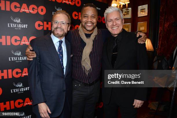 Barry Weissler, Cuba Gooding Jr. And David Ian attend the press night after party for "Chicago" at L'Escargot on April 11, 2018 in London, England.