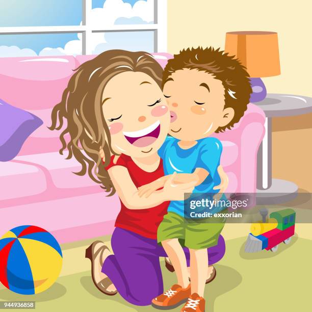 mother's day present - kids hugging mom cartoon stock illustrations